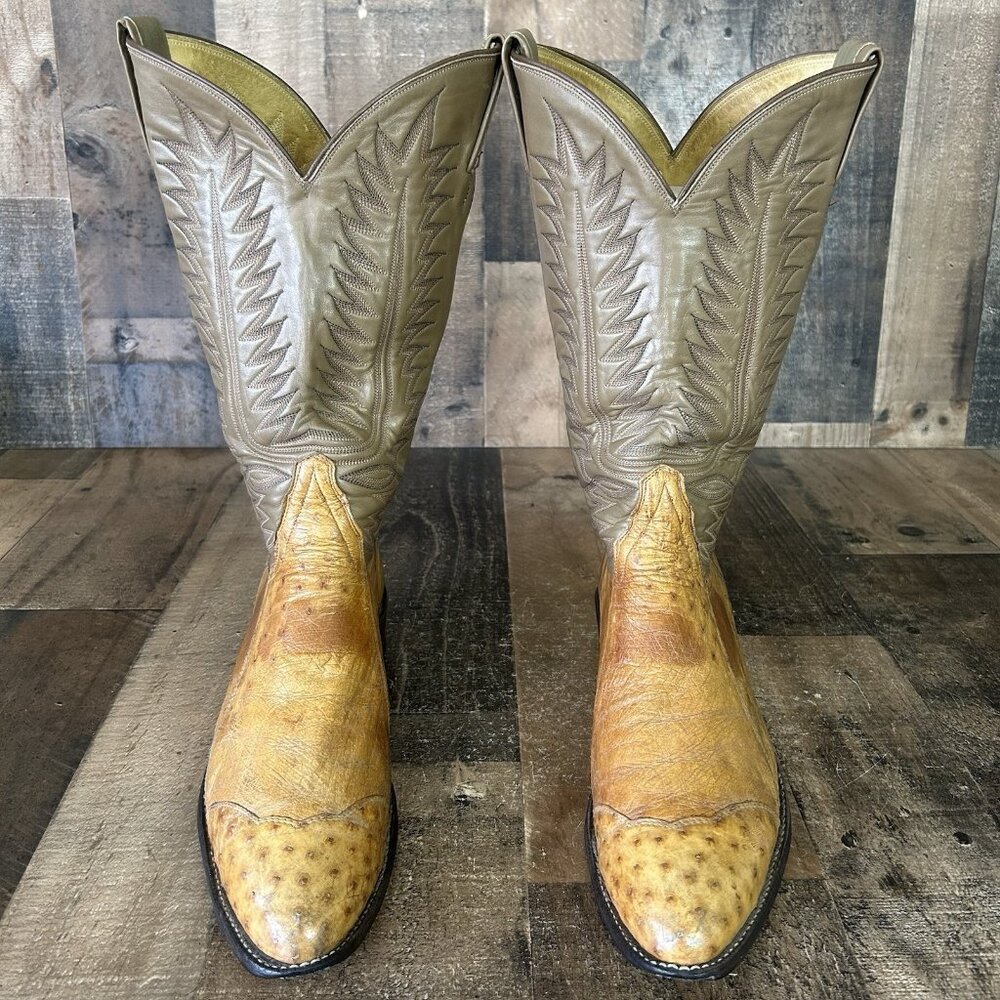 Tony Lama Vintage Pieced Ostrich Gold Label Western Cowboy Boots Mens 10 D